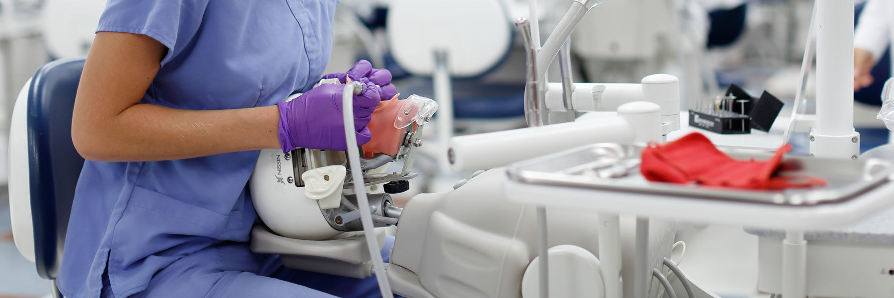 A dentistry student practices with a mannequin's teeth in the lab.