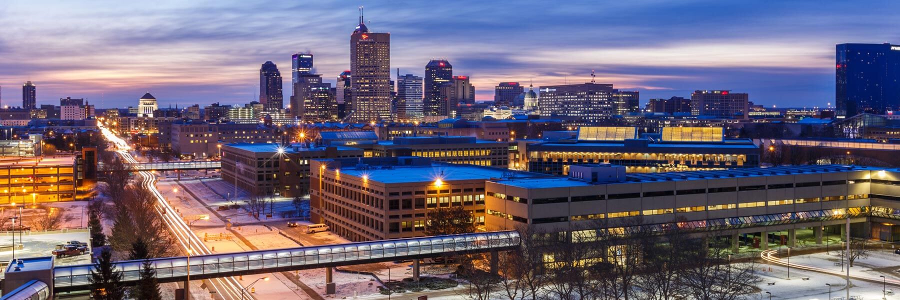 Aerial view of IUPUI and the Indianapolis skyline
